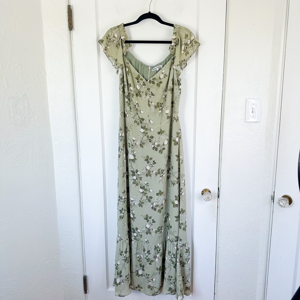 Reformation | Butterfly Floral Sweetheart‎ Neckline Midi Dress in Verde Green - Picture 4 of 7